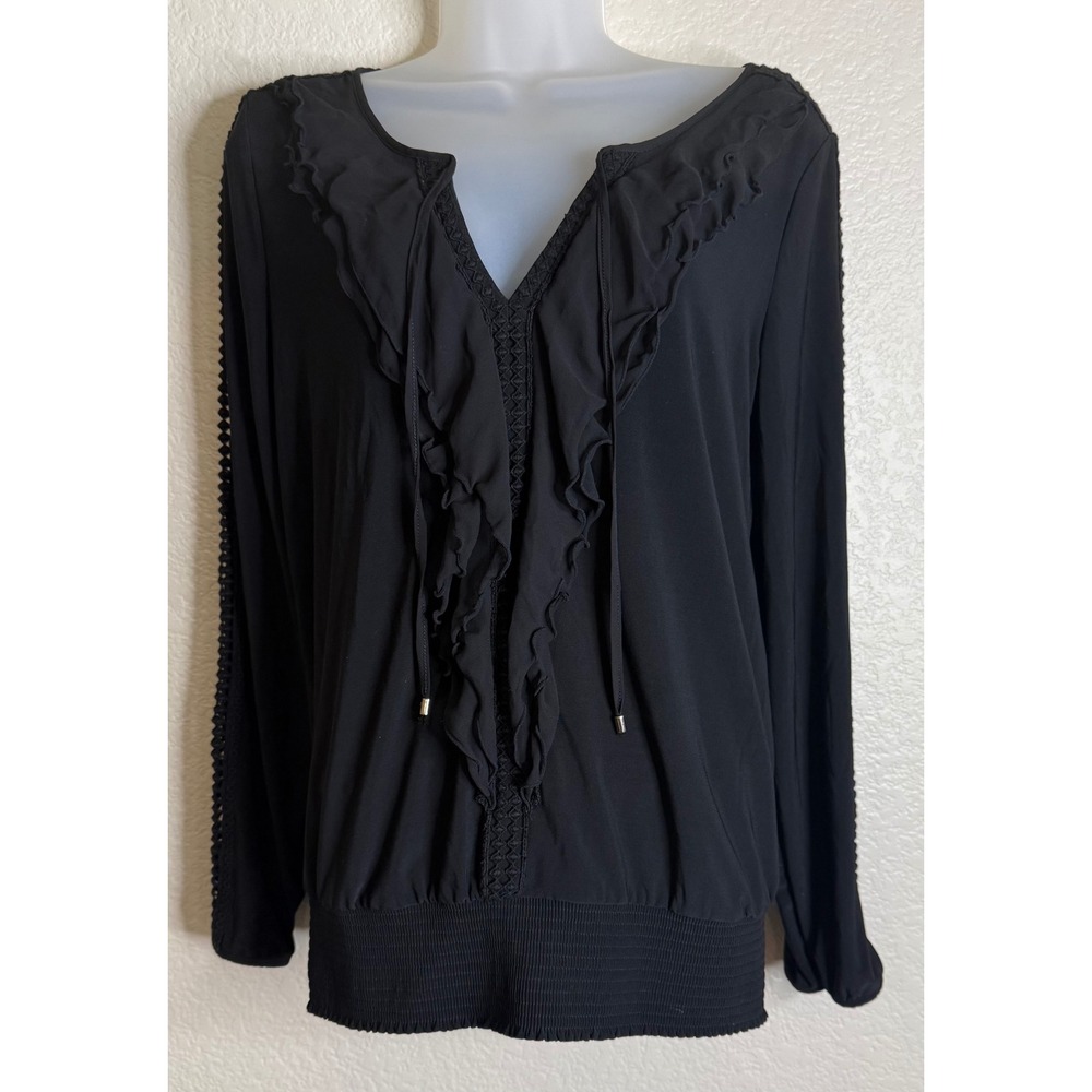 White House Black Market Womens S Black Blouse Ruffle Crochet Smocked Hem V Neck